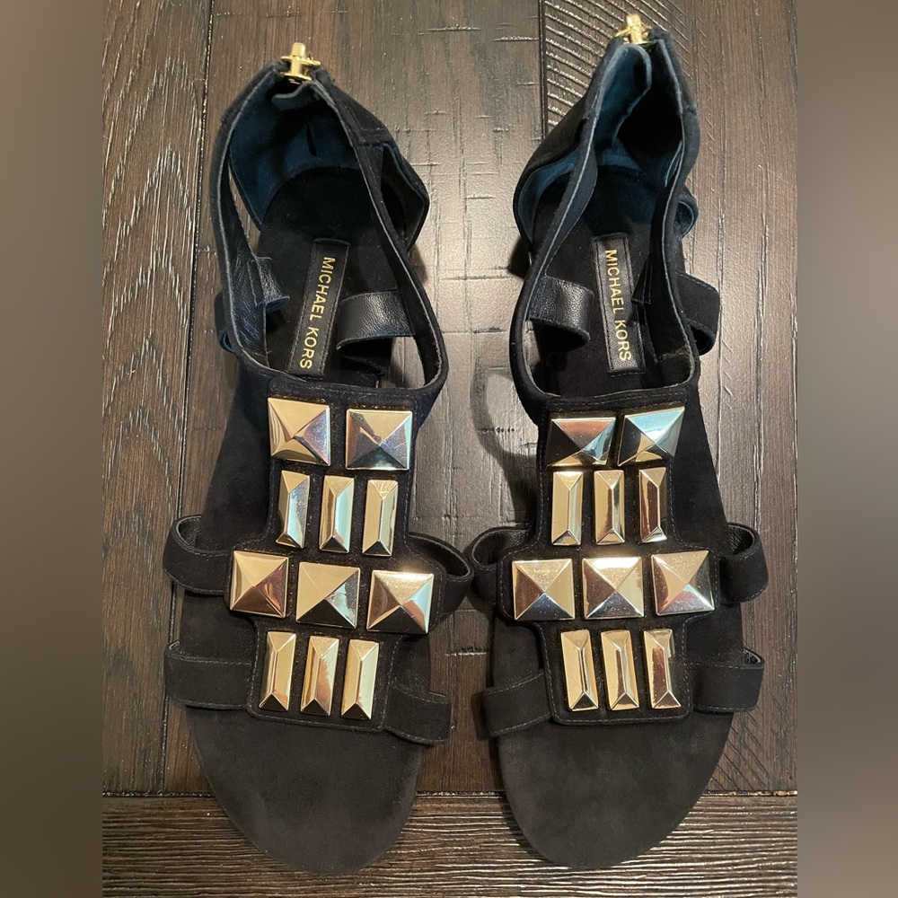 Michael Kors Suede Black and Gold Zipper-back Sandal, Size 37 EU / 6.5 US